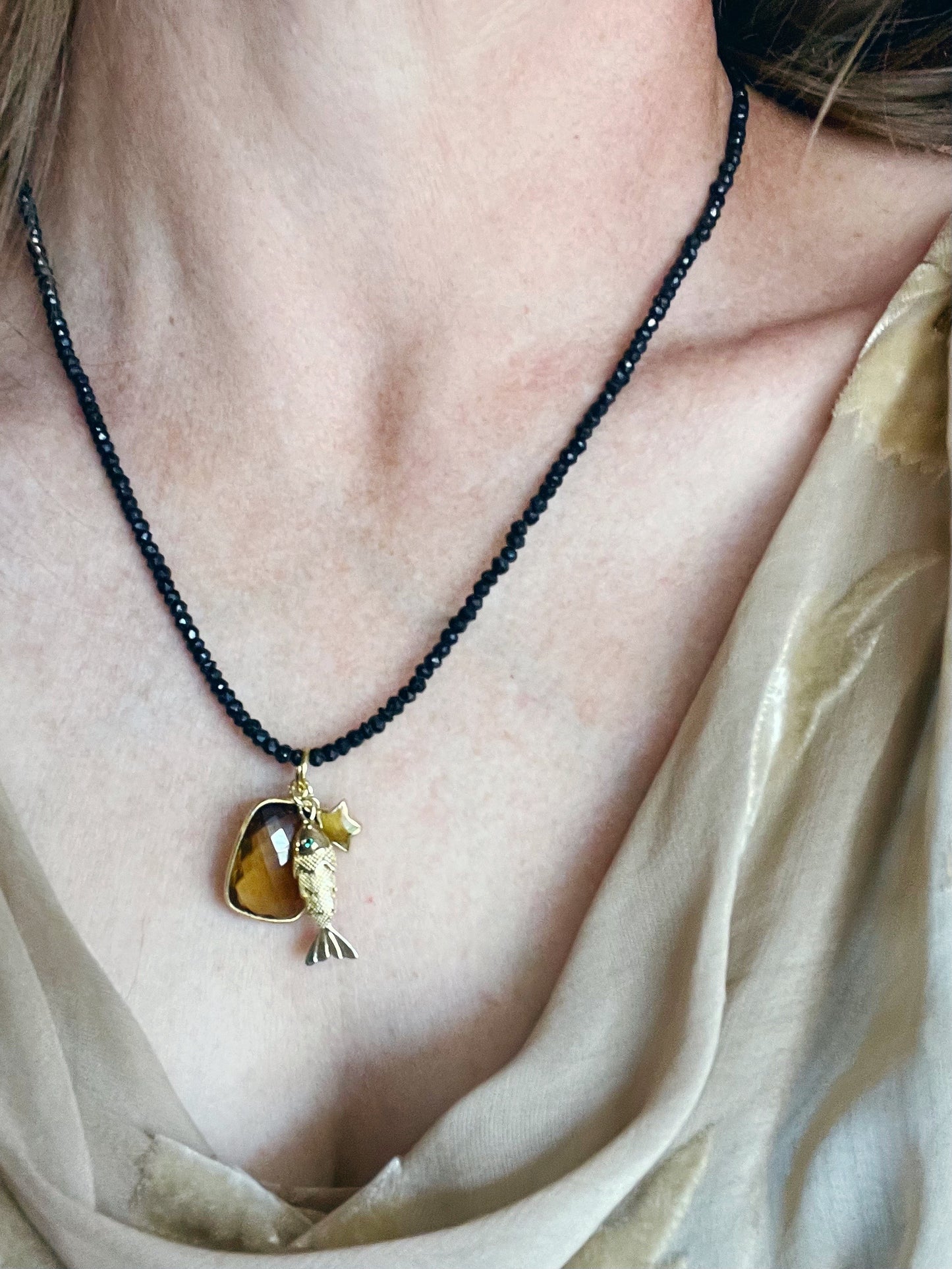 Faceted Black Onyx Rondelle Necklace with Charms