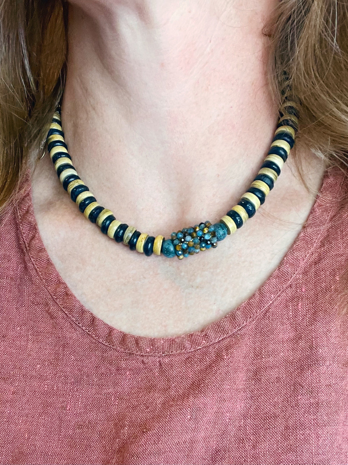 Teal Afghan Glass and Wood Necklace
