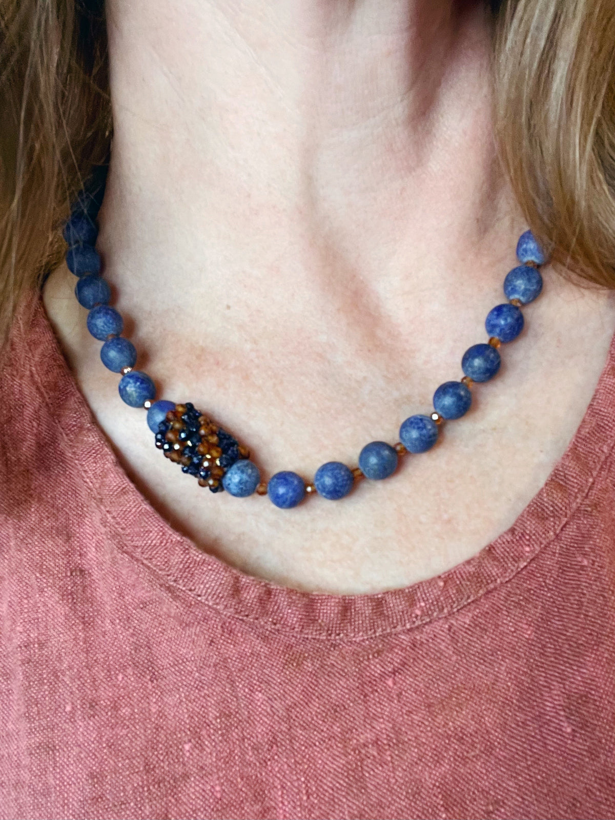 Matte Lapis and Hessonite Garnet Necklace