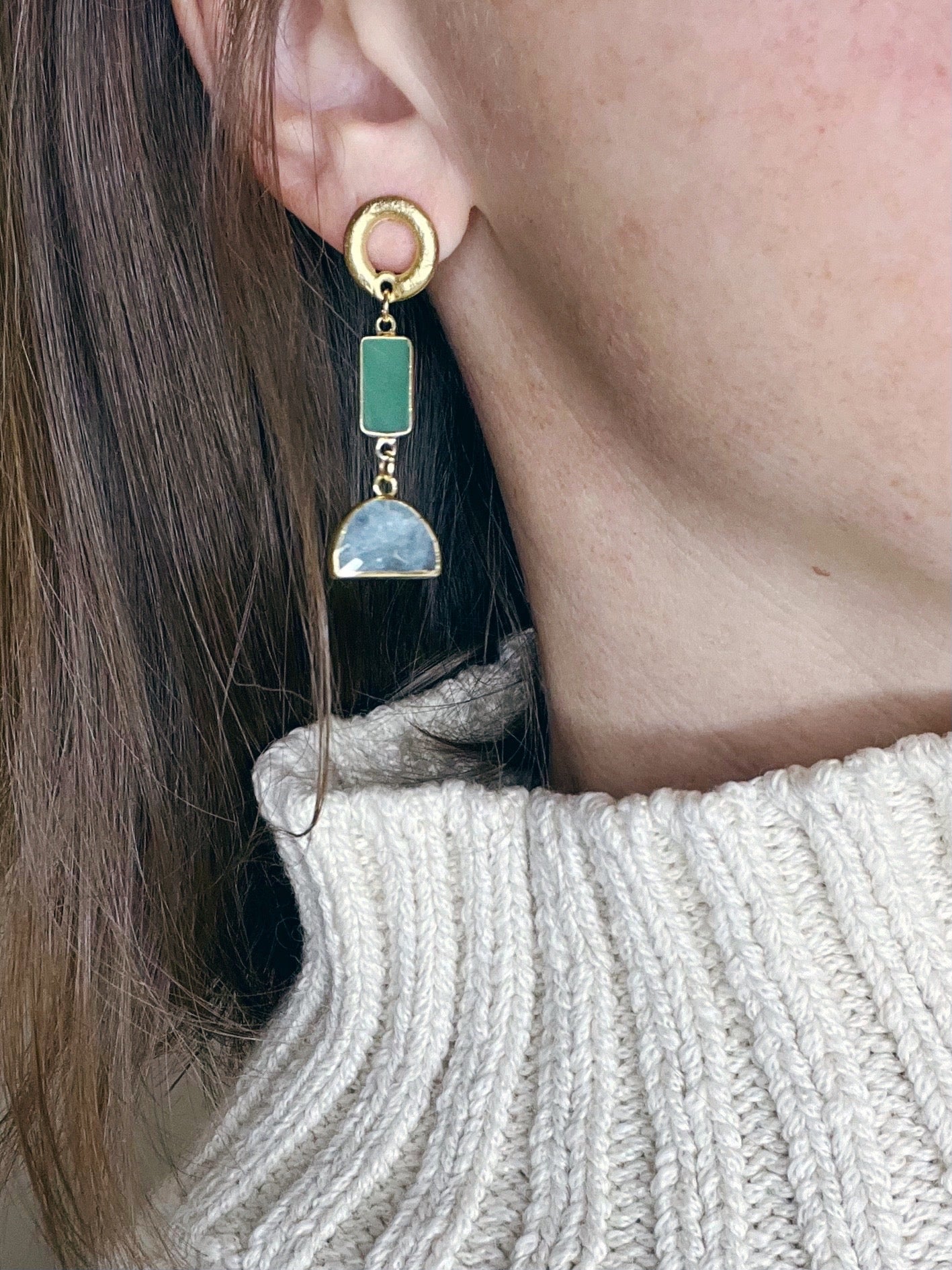 Green Chalcedony and Aquamarine Earring
