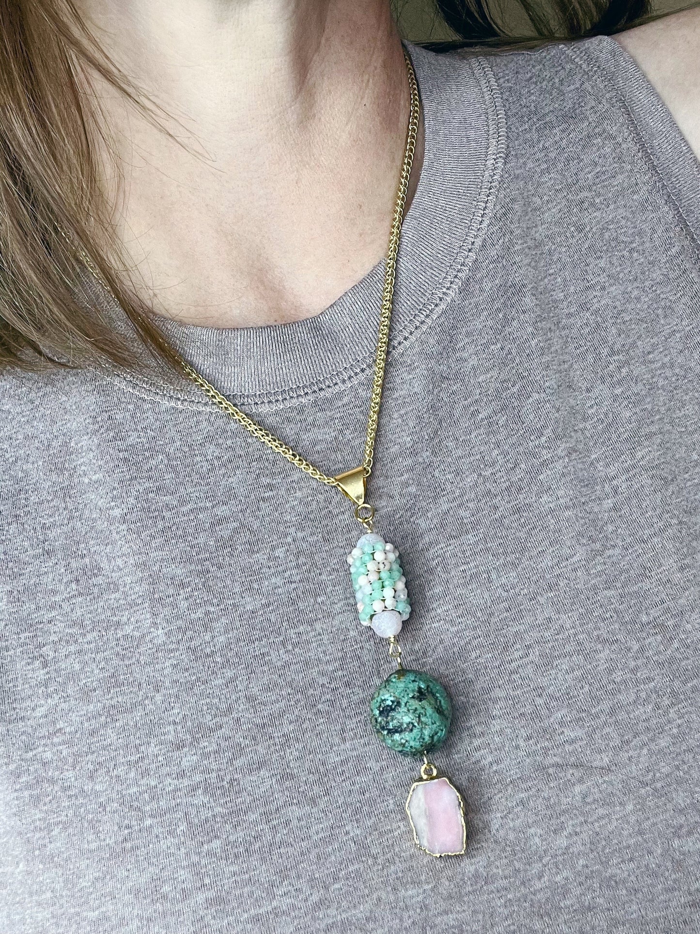 Y Shaped Chan and Gemstone Necklace-Pink and Green Opal FLUID, EXPRESSIVE, AND NATURALLY GROUNDING