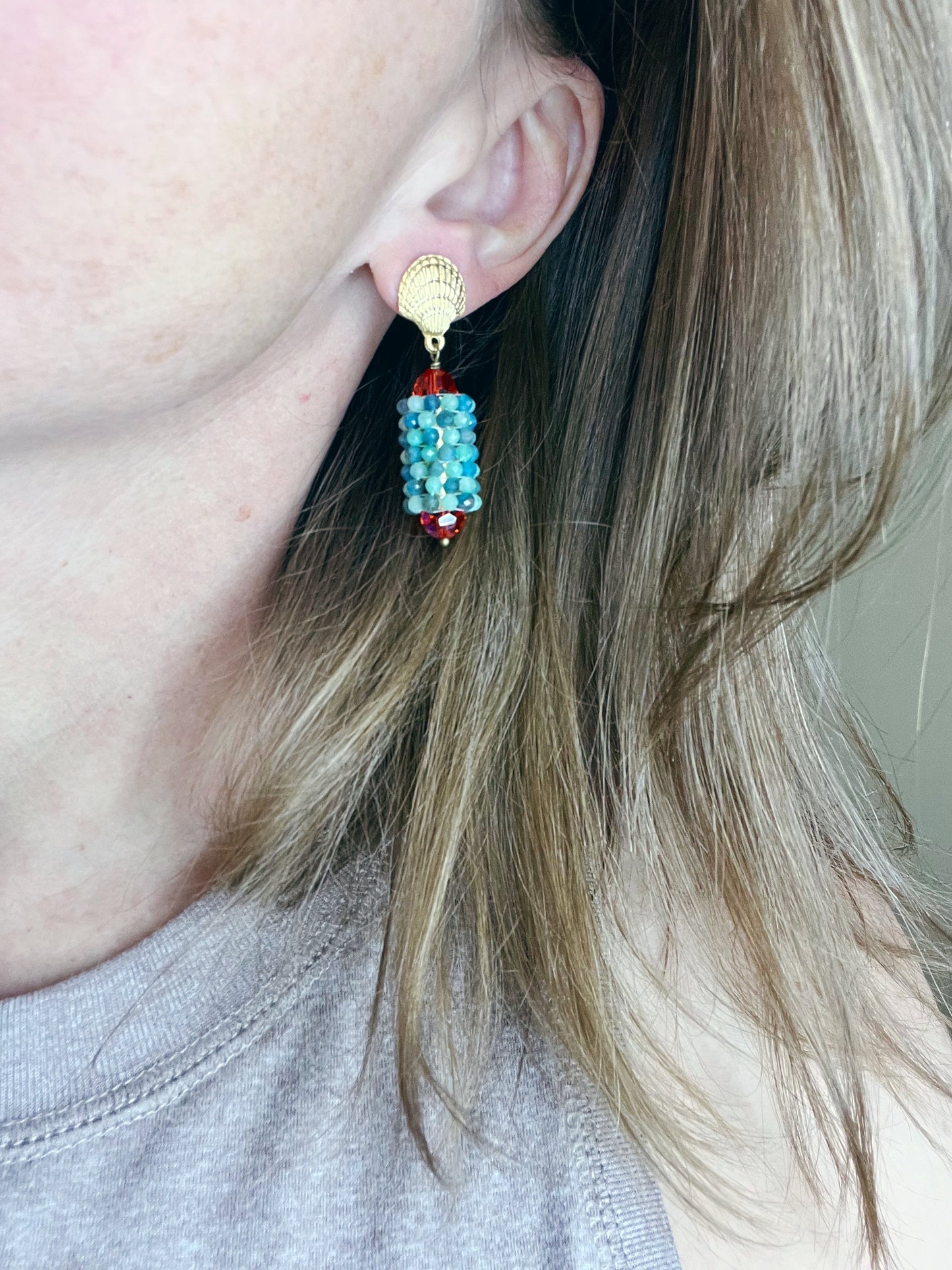 Hand Woven Earring on Gold Plated Shell Post- Amazonite and Green Onyx