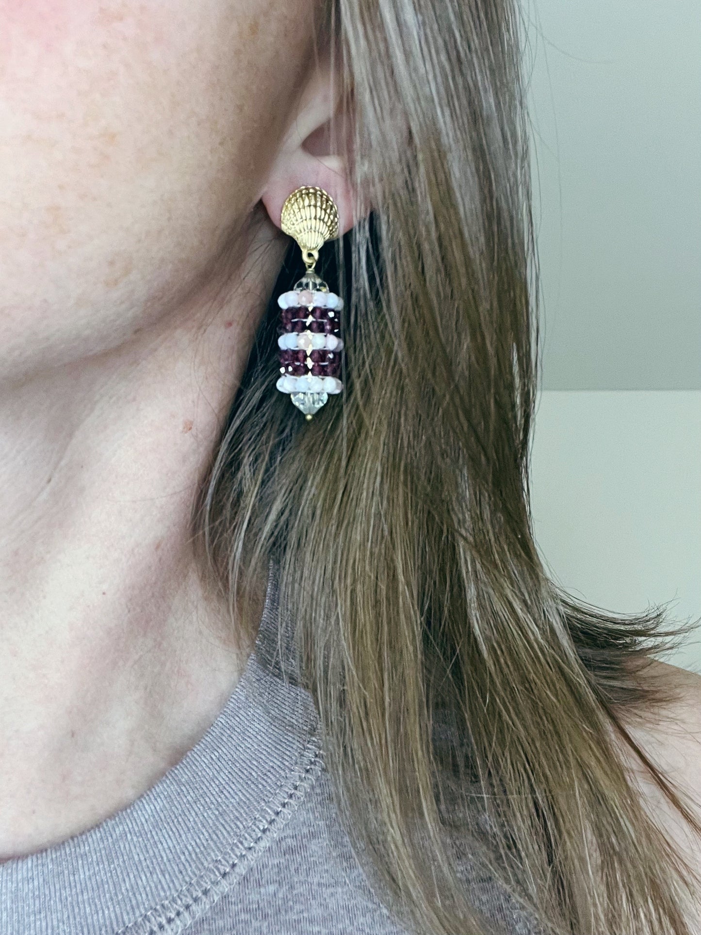 Hand Woven Gemstone Earring with Shell Post- Rose Quartz-Garnet