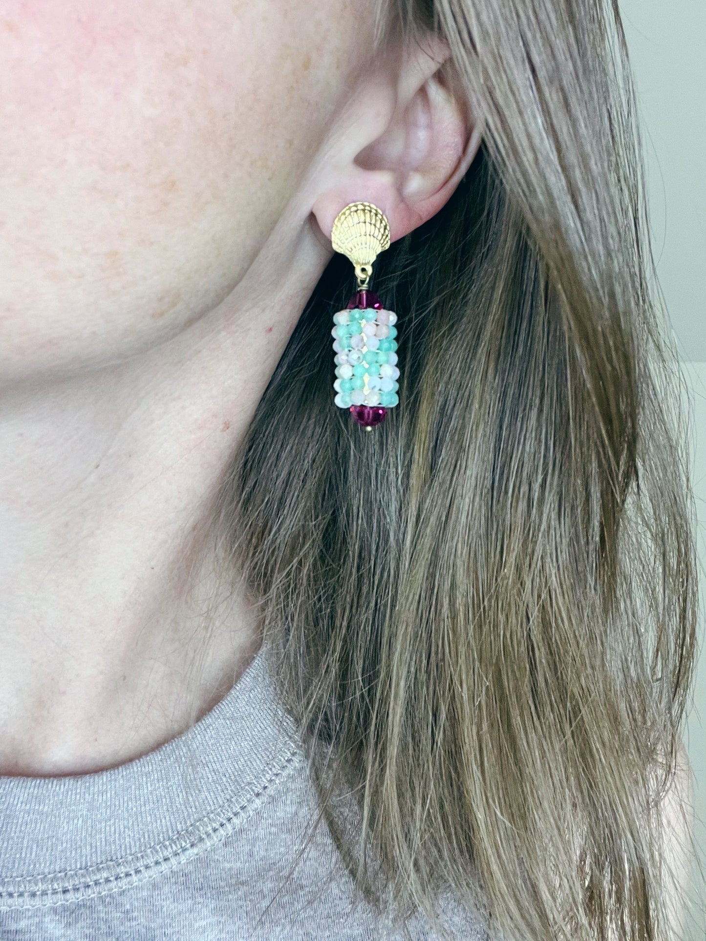 Hand Woven Earring on Shell Post- Pink and Green Opal