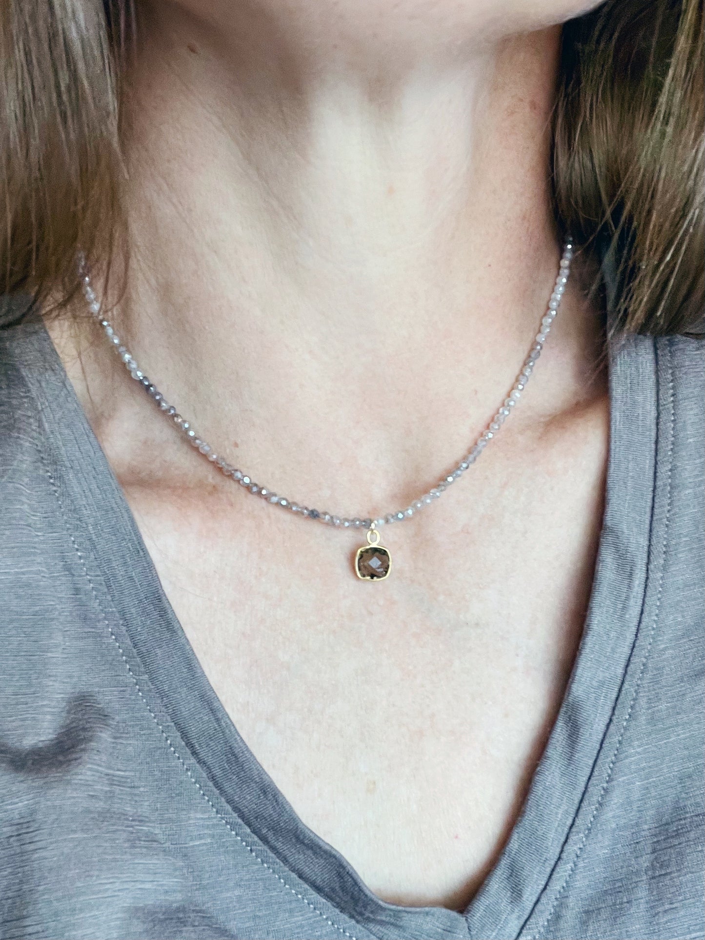 Delicate Chocolate Moonstone Necklace with Smoky Quartz Pendant