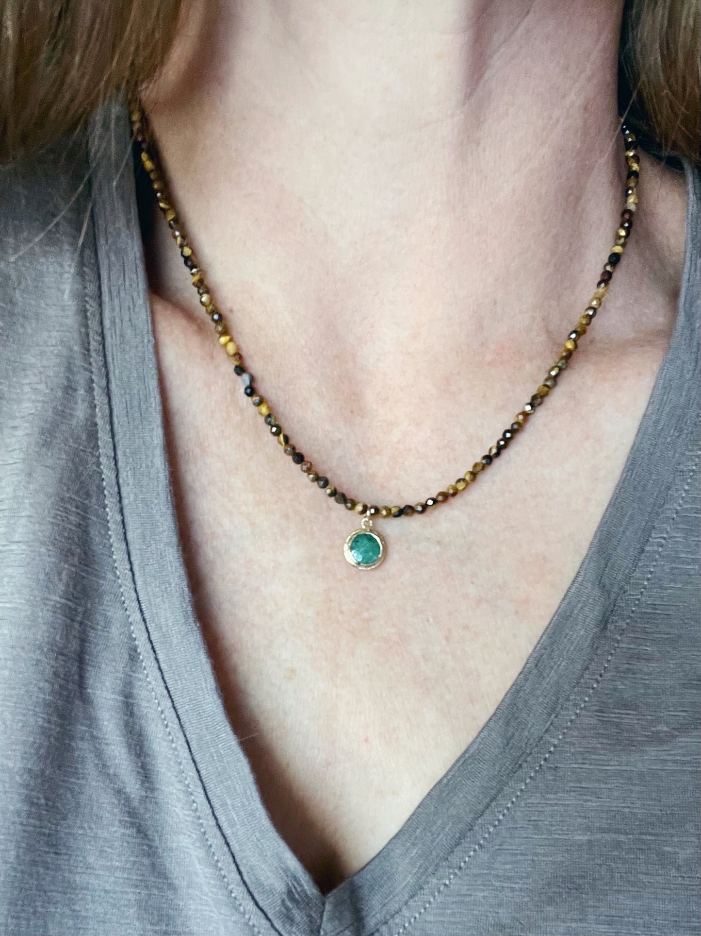 Tiger Eye Necklace with Emerald Pendant