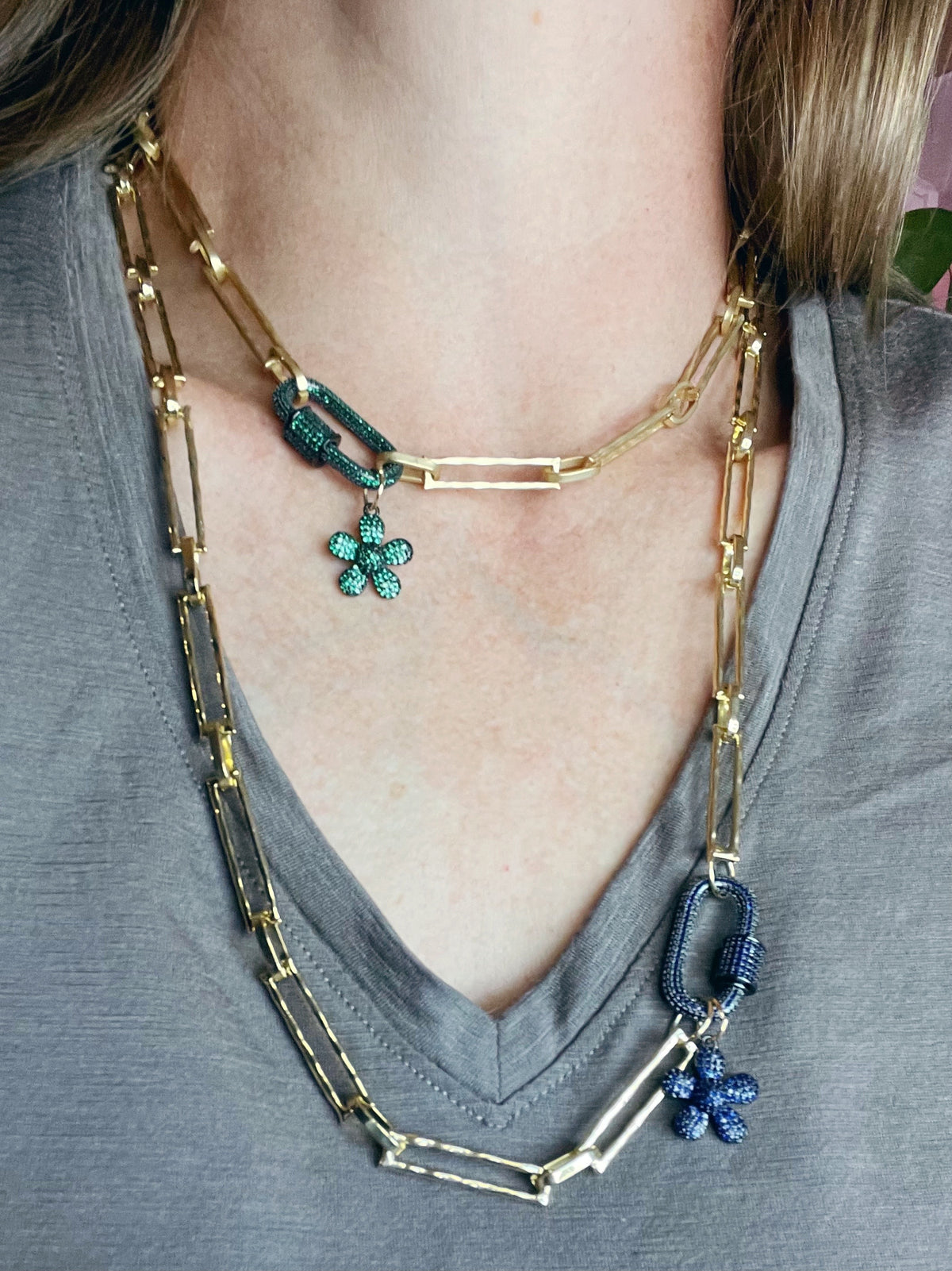 Flossie Medium Length Paper Clip Necklace with Blue CZ Carabiner and Charm