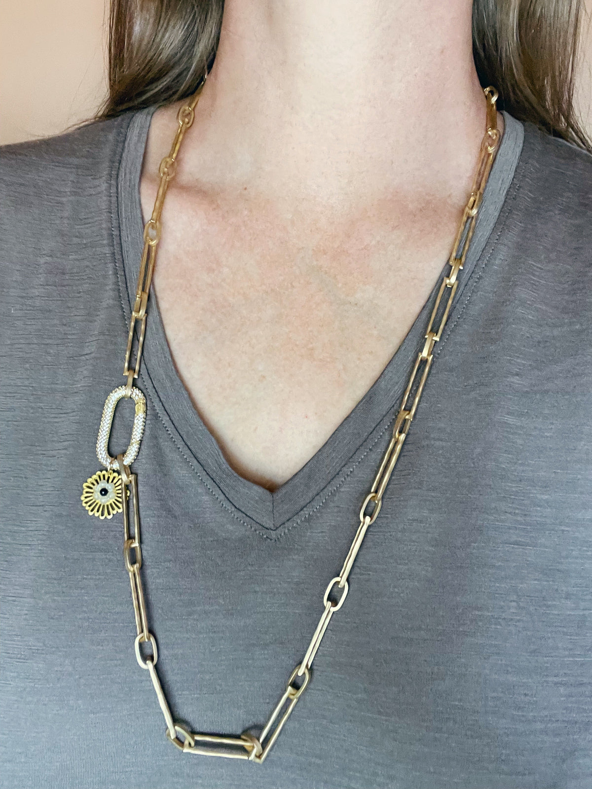 Mopsy Longest Length Paper Clip Chain Necklace with Beaded Flower Charm