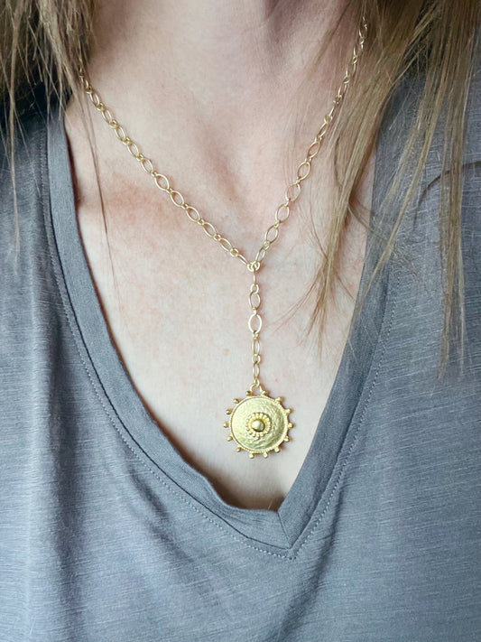 Gold Medallion Y Shaped Necklace