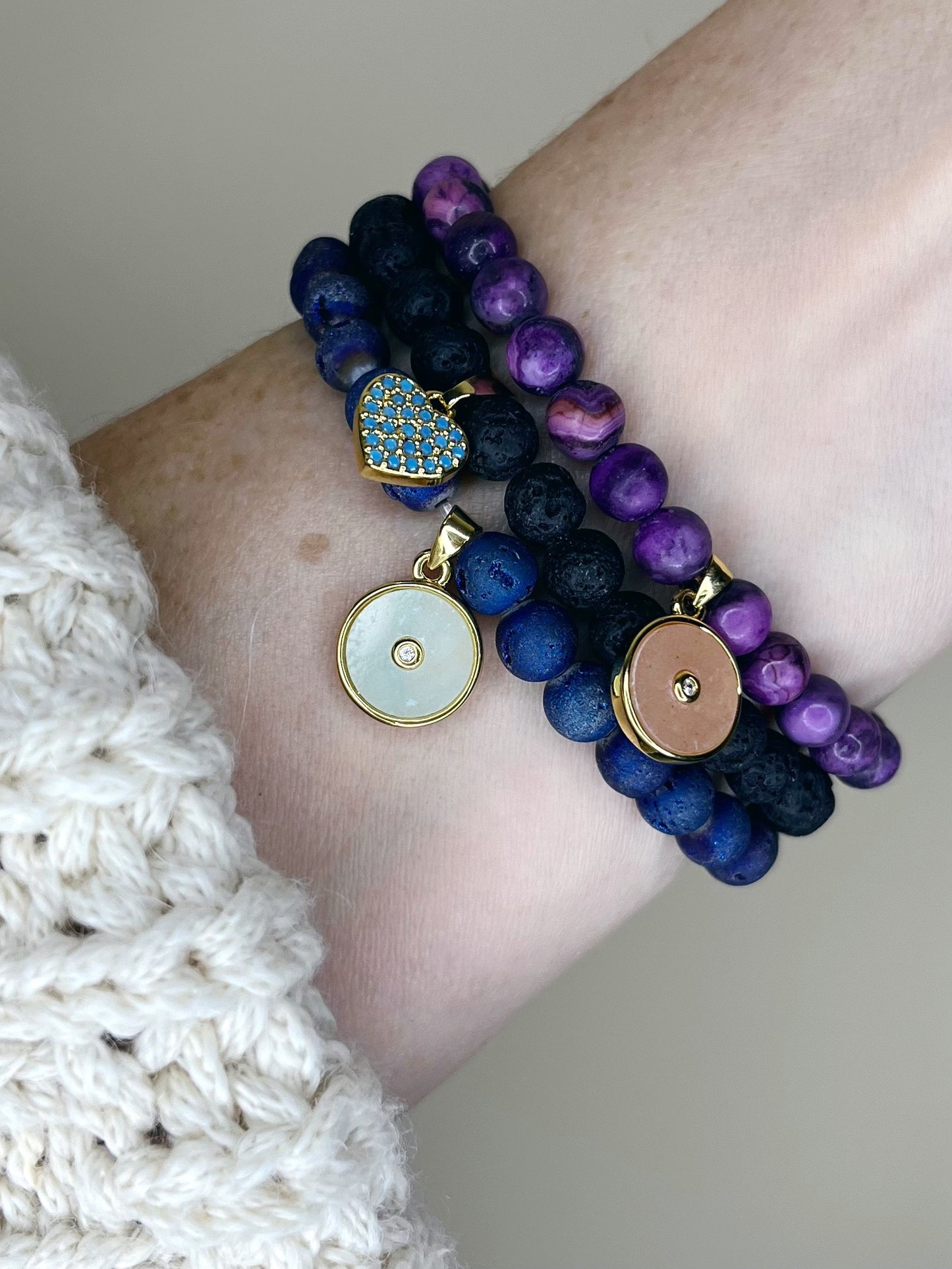 Black Lava Stretch Bracelet with Turquoise Heart Charm
