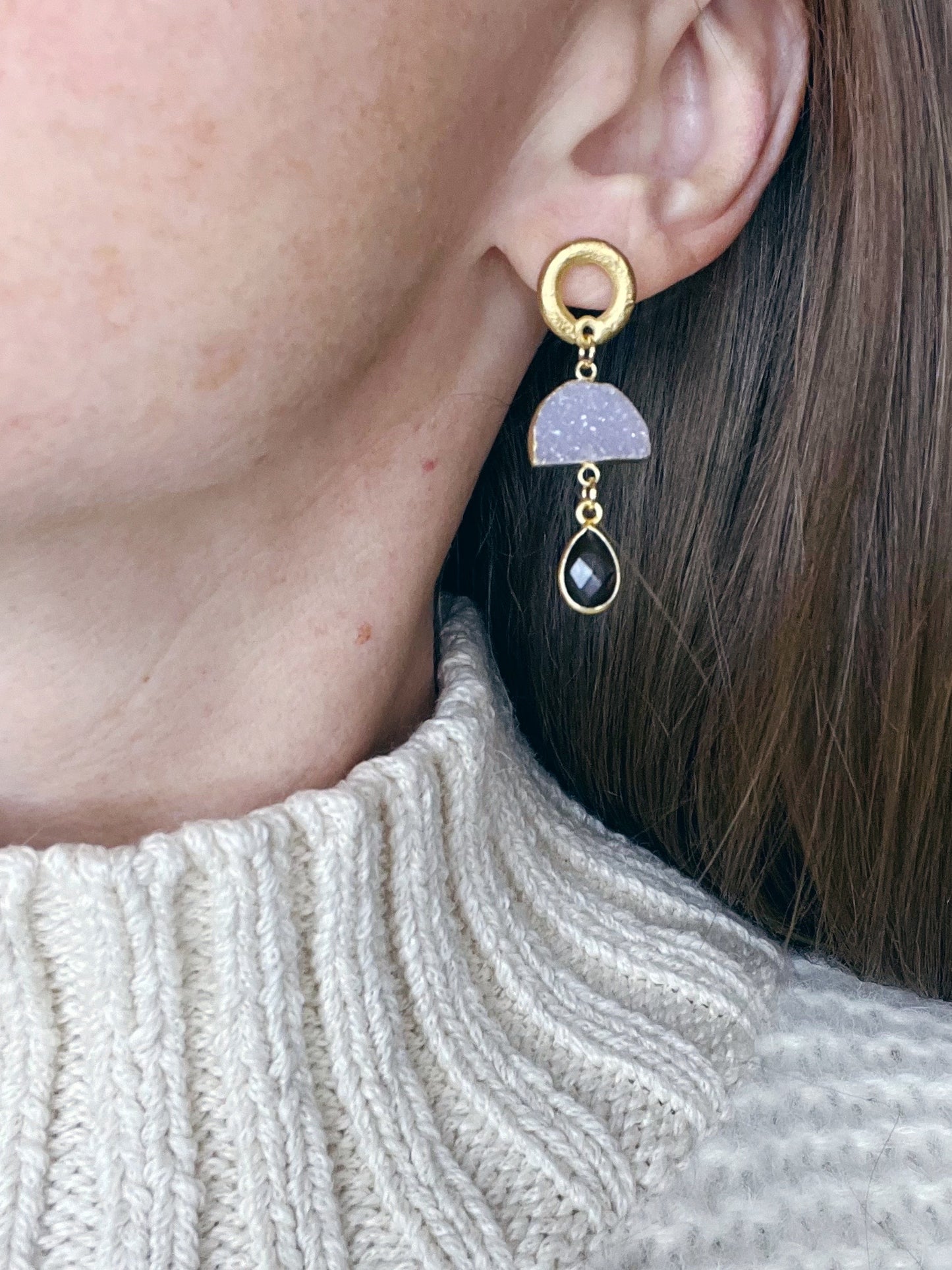 Pink Drusy and Smoky Quartz Earring