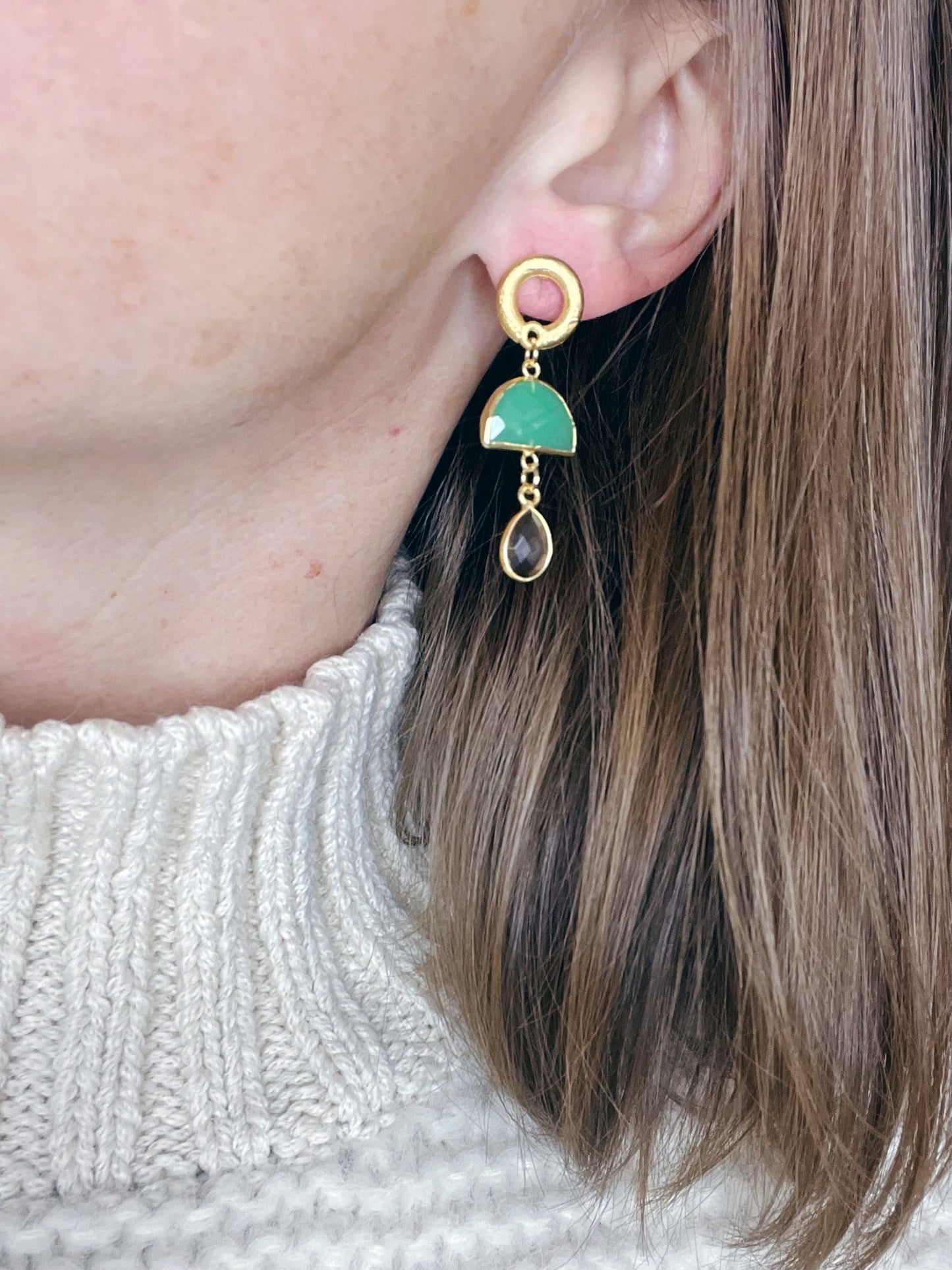 Apple Green Chalcedony and Smoky Quartz Earring