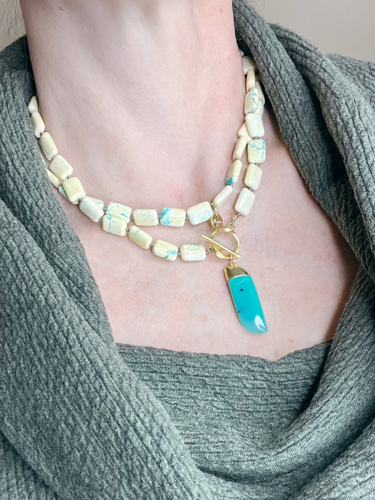 Magnesite Hand Knotted Long Necklace with Green Chalcedony Pendant