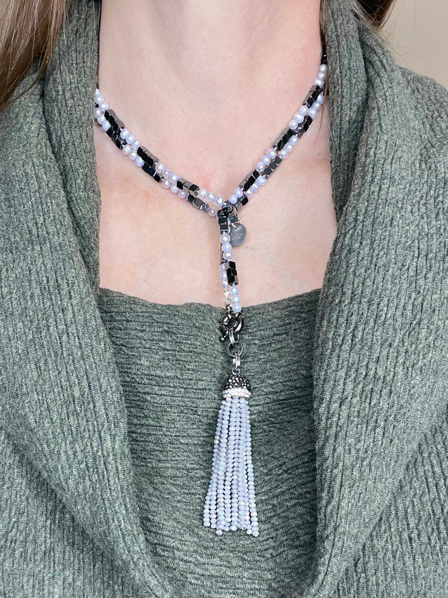 Pearl and Hematite Tassel Necklace