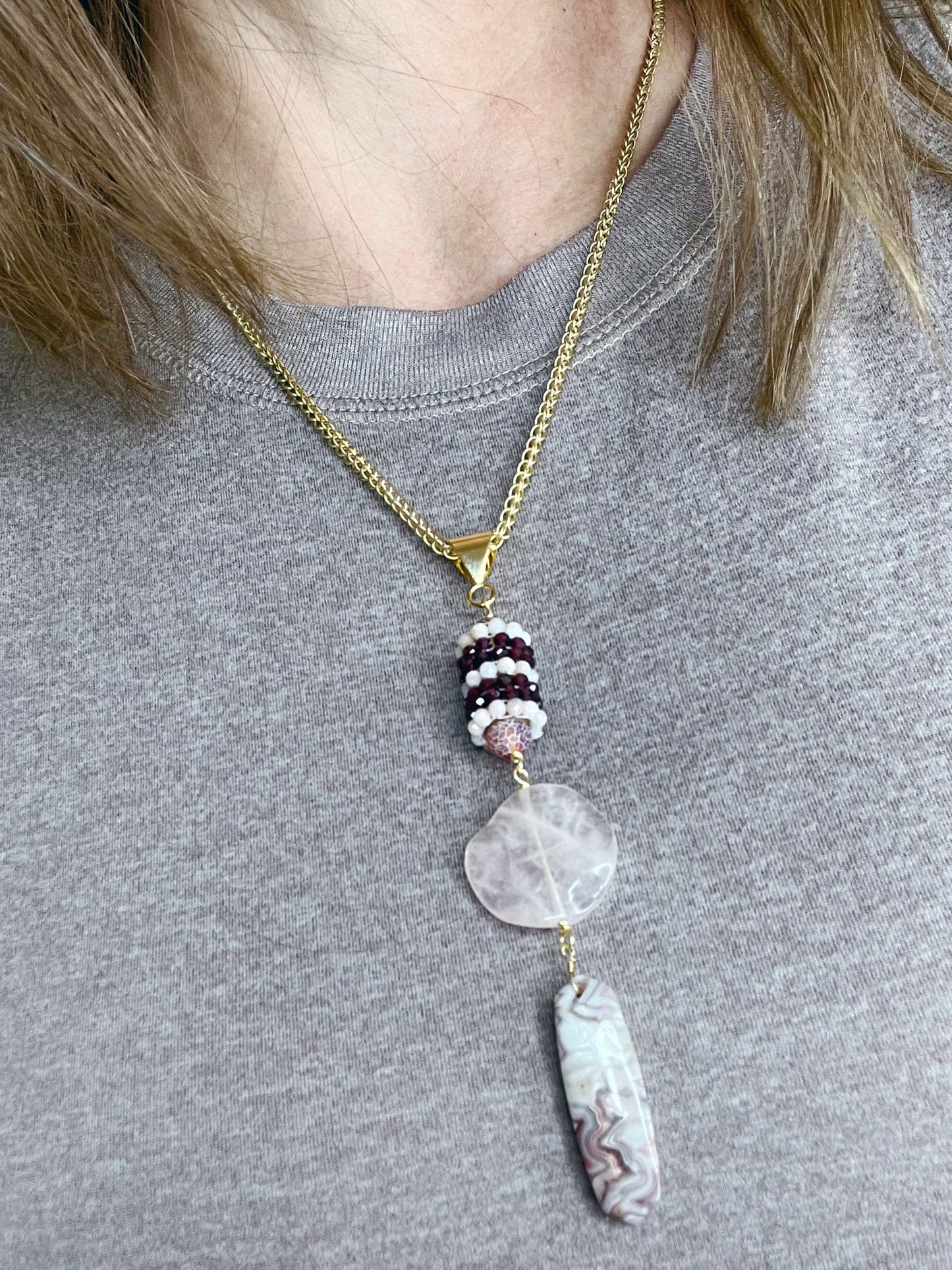 Y Shaped Chain and Stone Necklace- Rose Quartz-Garnet