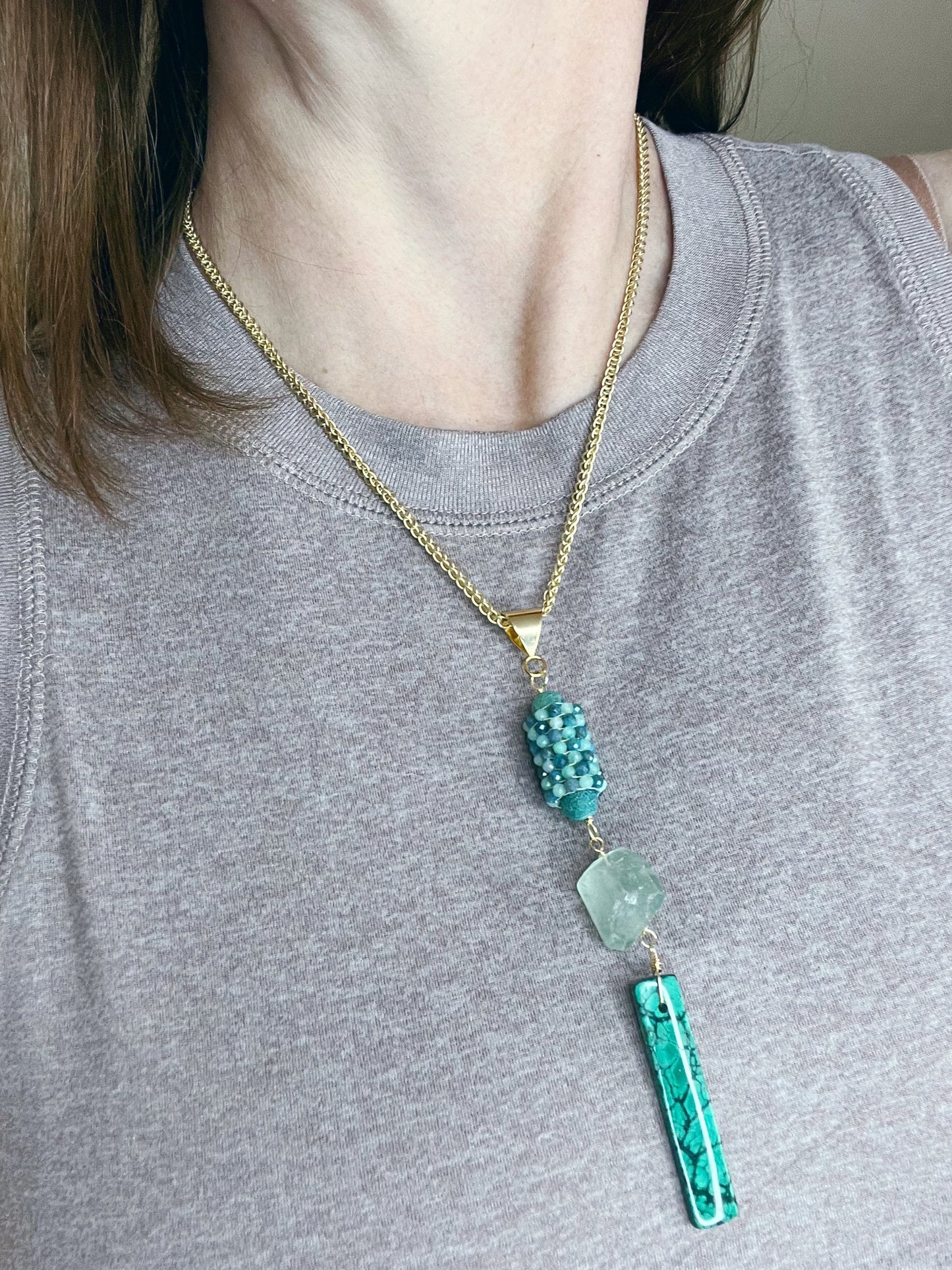 Y Shaped Chain and Stone Necklace- Apatite and Turquoise