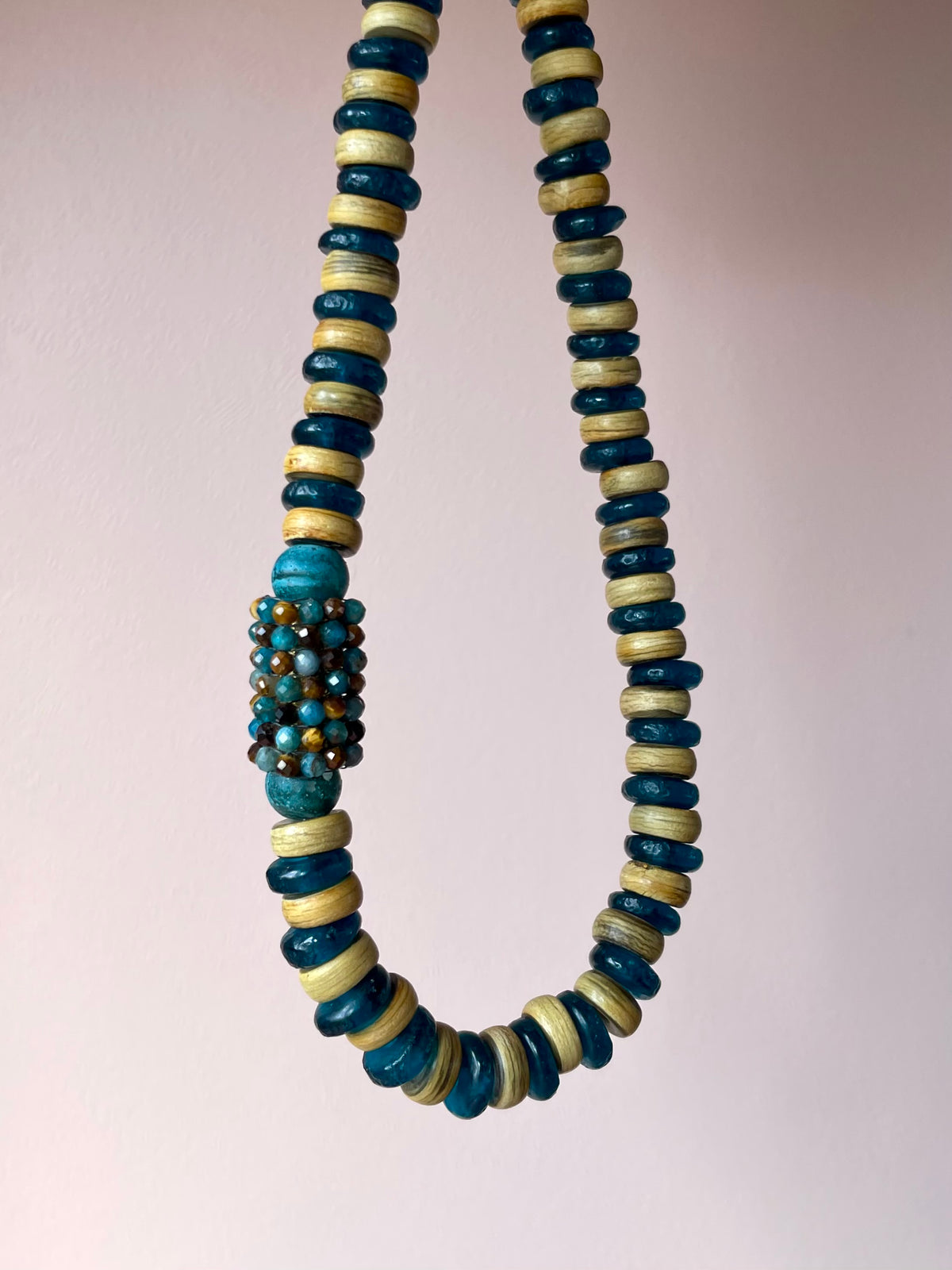 Teal Afghan Glass and Wood Necklace