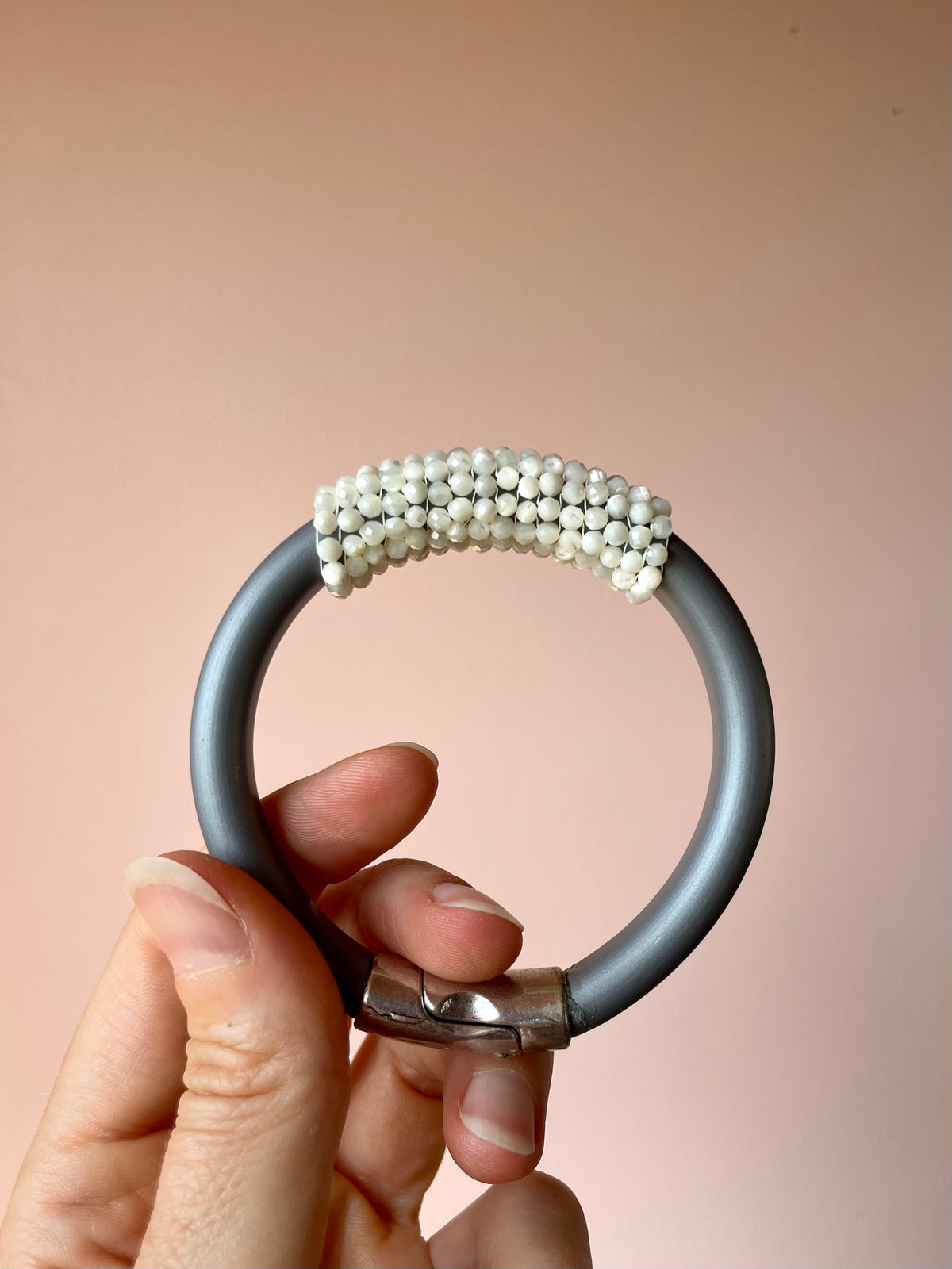 Handwoven Beaded Rubber Bracelet- Gray/White