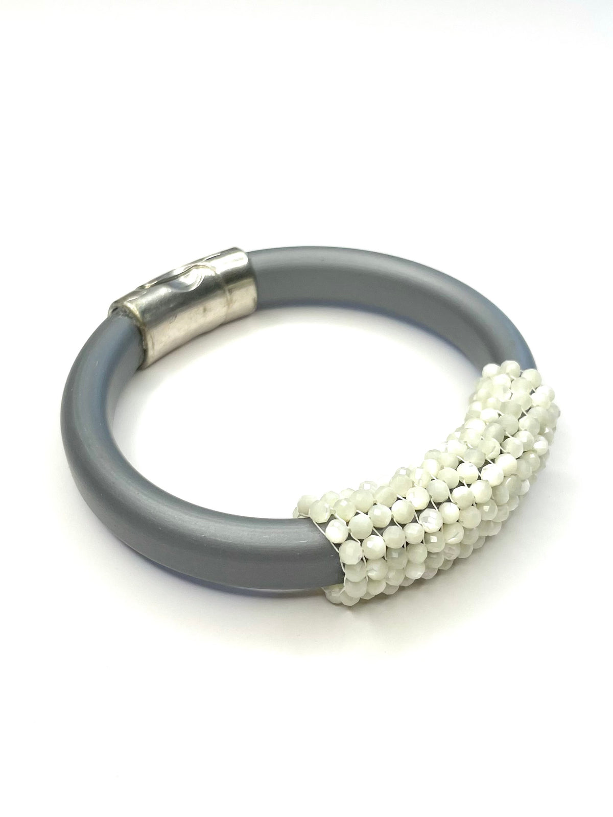 Handwoven Beaded Rubber Bracelet- Gray/White