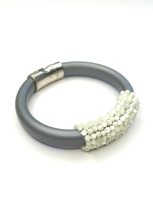 Handwoven Beaded Rubber Bracelet- Gray/White