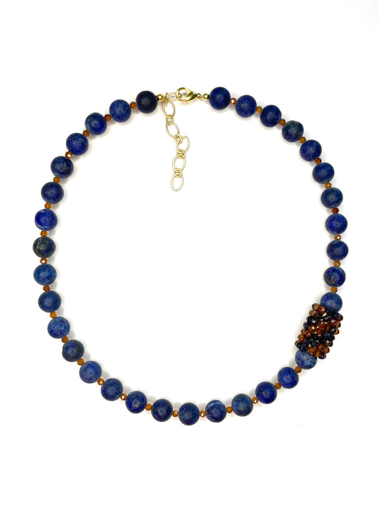 Matte Lapis and Hessonite Garnet Necklace