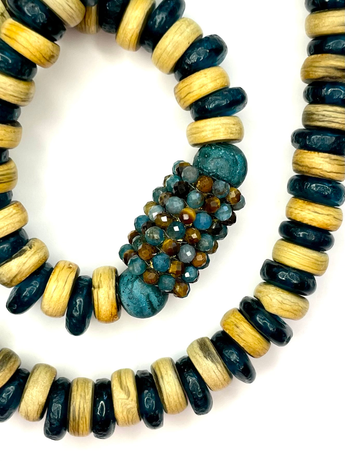 Teal Afghan Glass and Wood Necklace