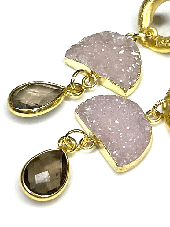Pink Drusy and Smoky Quartz Earring