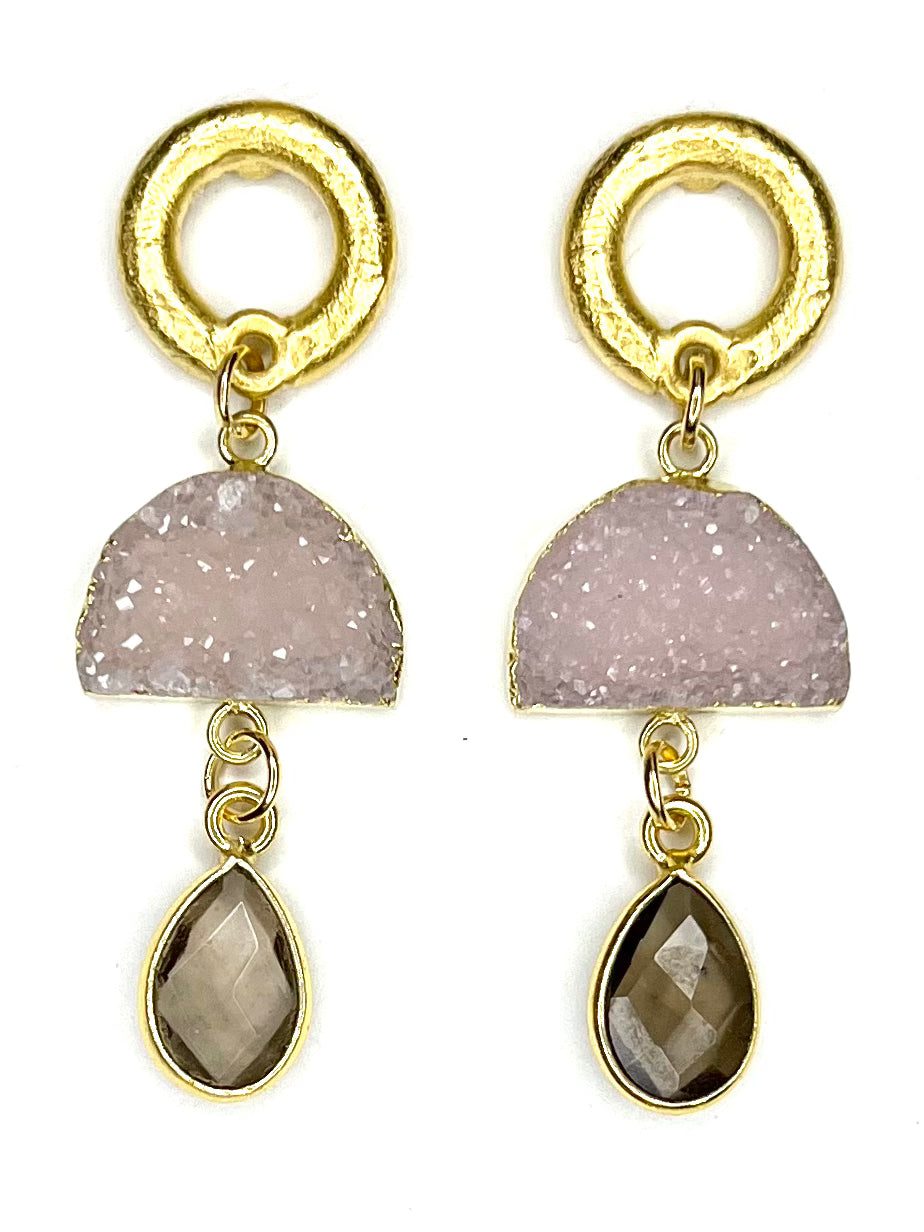 Pink Drusy and Smoky Quartz Earring
