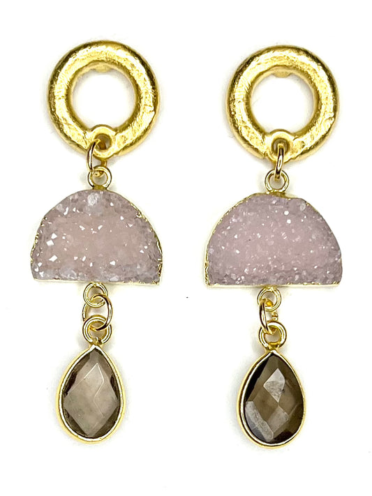 Pink Drusy and Smoky Quartz Earring
