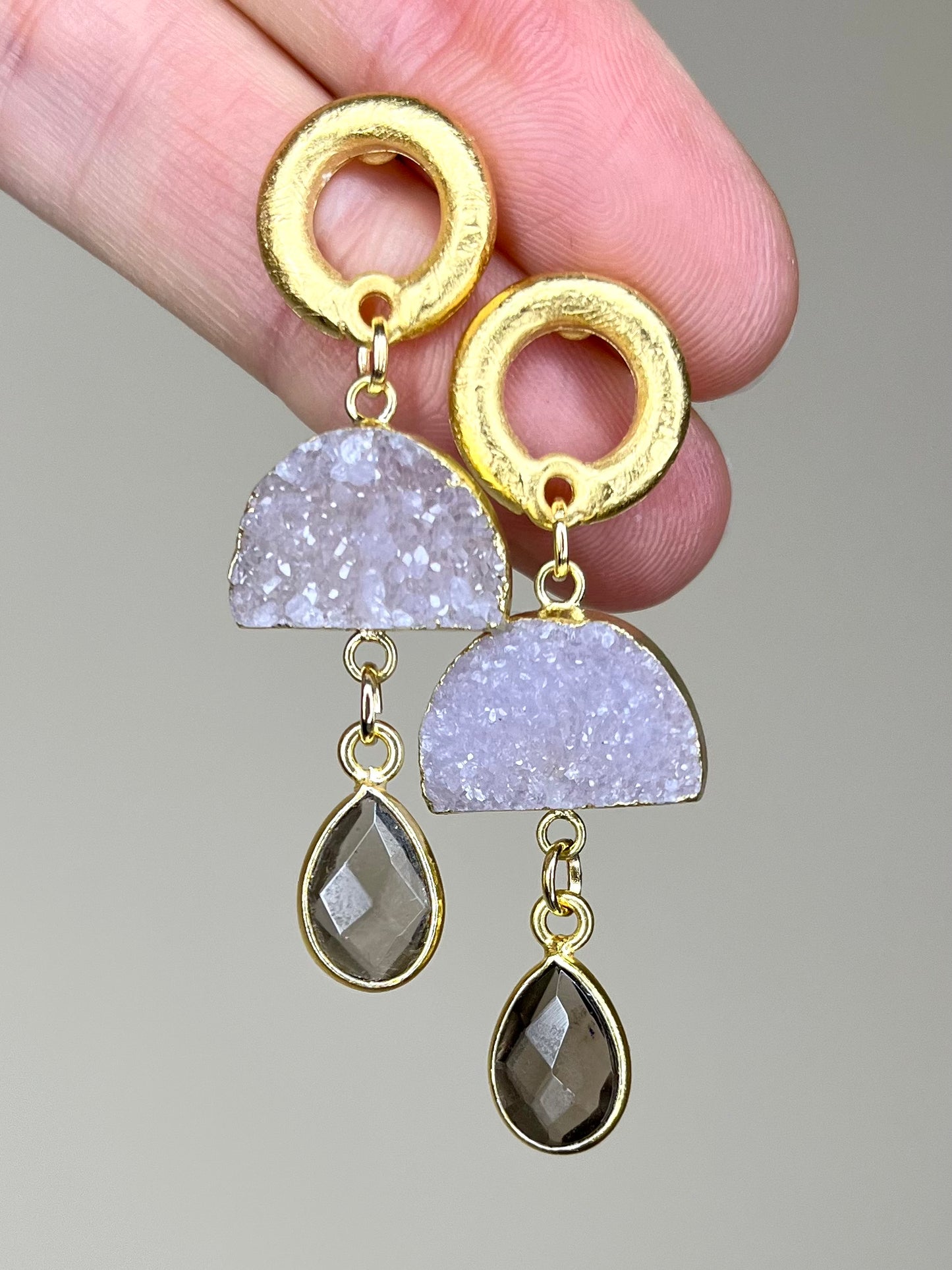 Pink Drusy and Smoky Quartz Earring