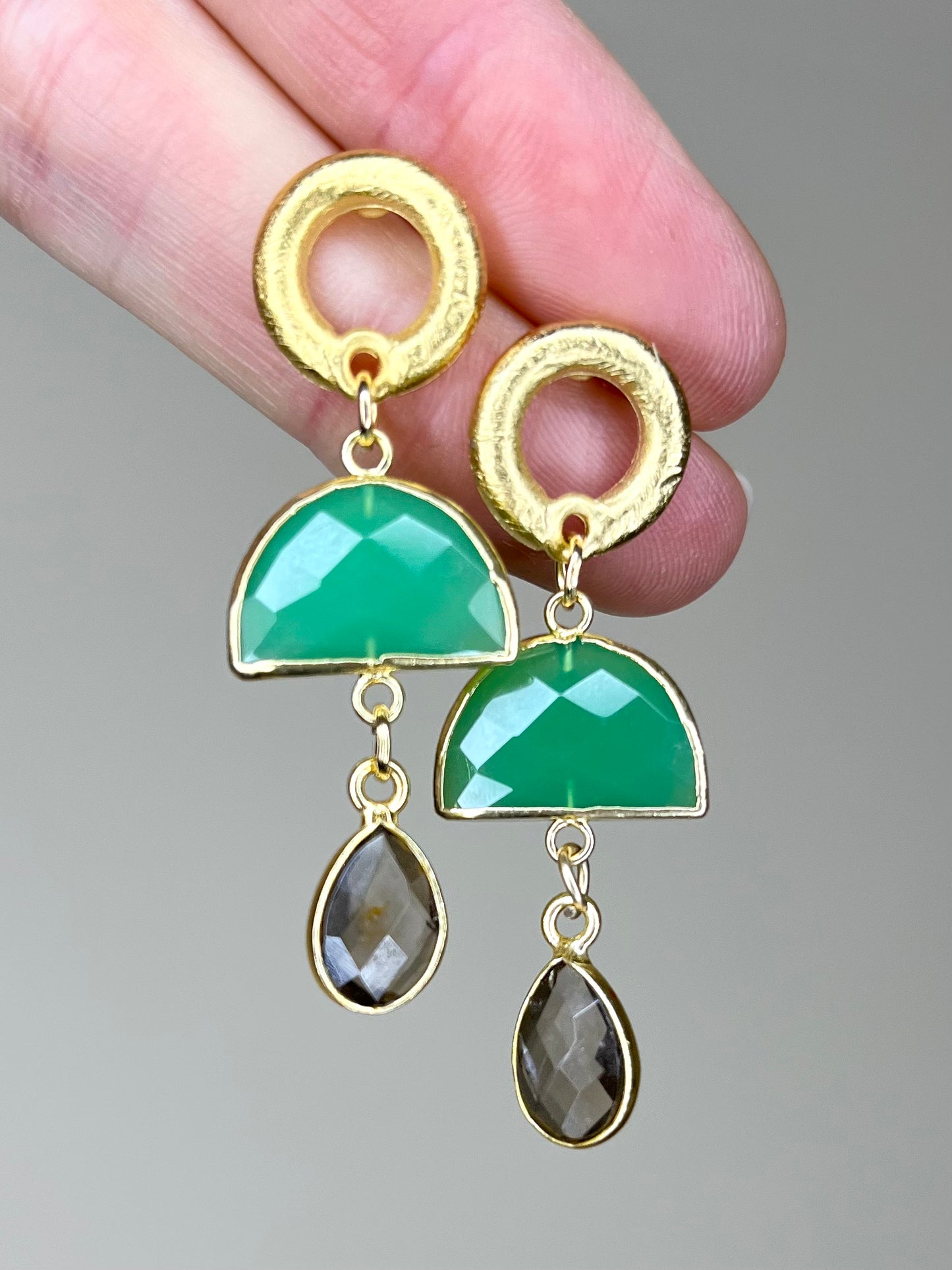 Apple Green Chalcedony and Smoky Quartz Earring