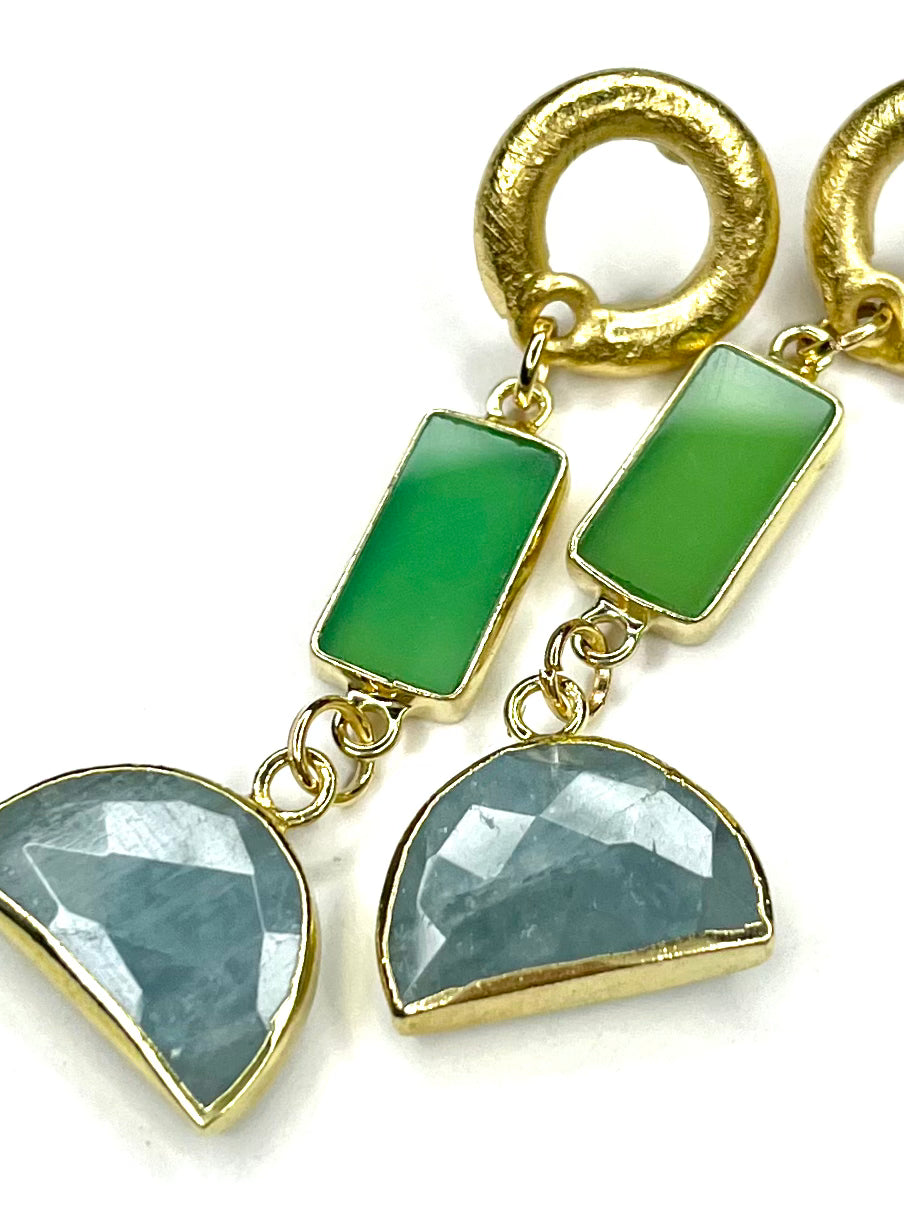 Green Chalcedony and Aquamarine Earring