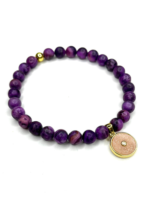 Purple Agate Stretch Bracelet with Pink Enamel Charm