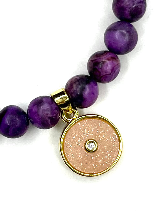 Purple Agate Stretch Bracelet with Pink Enamel Charm