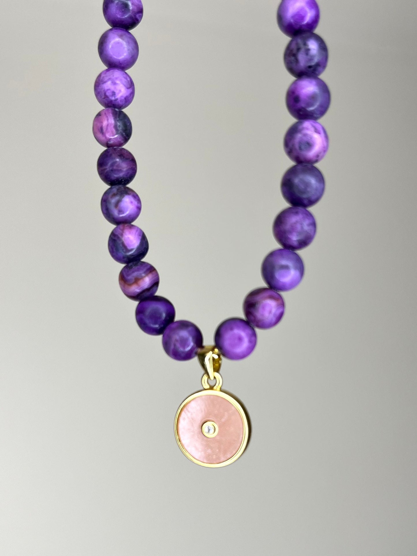 Purple Agate Stretch Bracelet with Pink Enamel Charm
