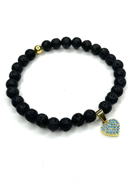 Black Lava Stretch Bracelet with Turquoise Heart Charm