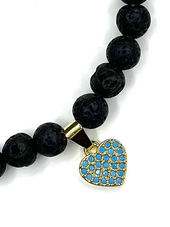 Black Lava Stretch Bracelet with Turquoise Heart Charm