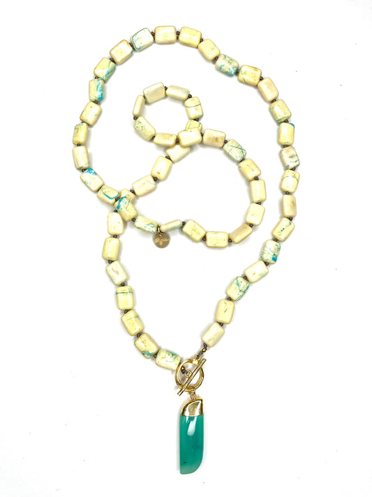 Magnesite Hand Knotted Long Necklace with Green Chalcedony Pendant