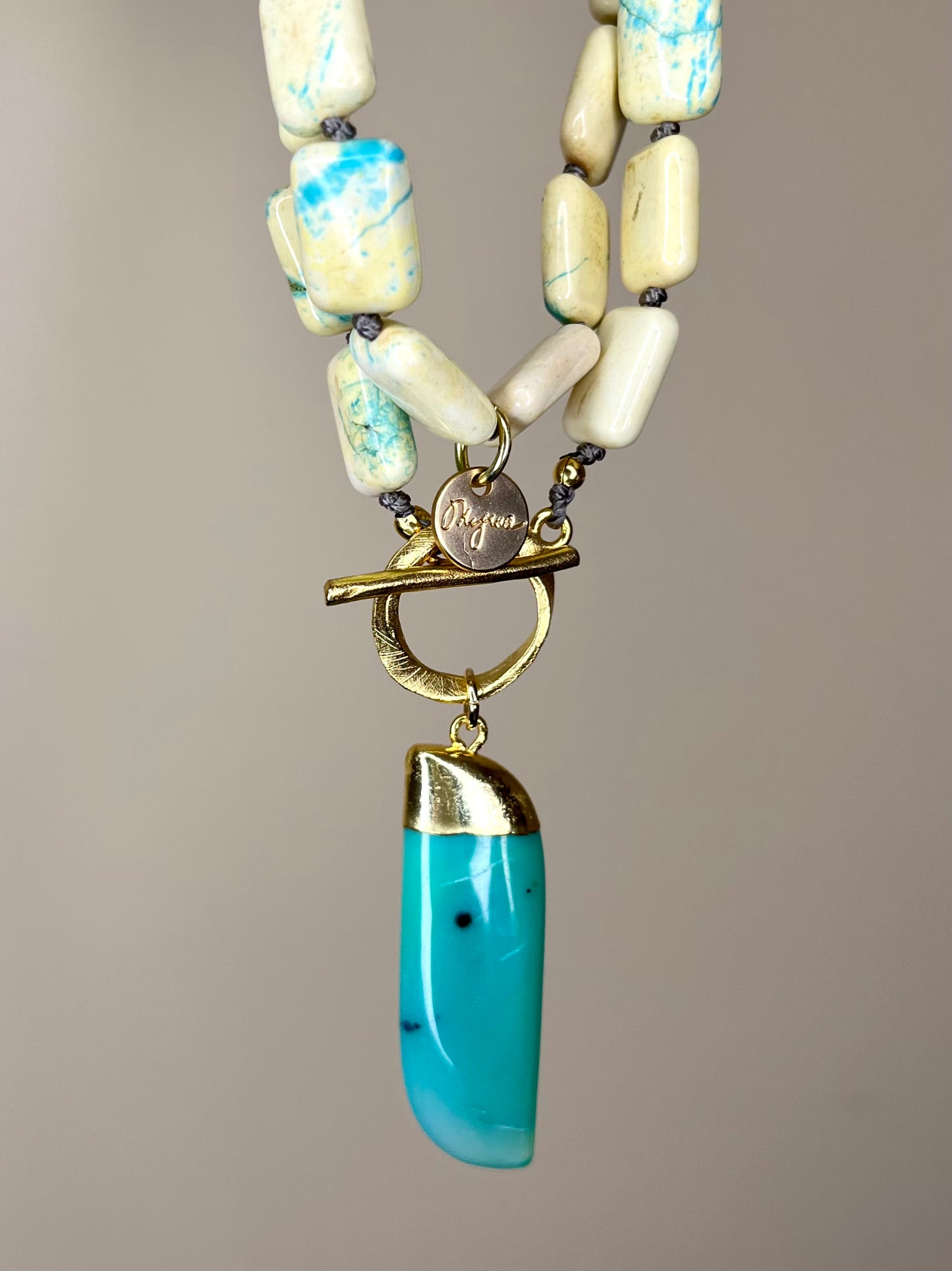 Magnesite Hand Knotted Long Necklace with Green Chalcedony Pendant