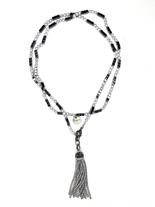 Pearl and Hematite Tassel Necklace