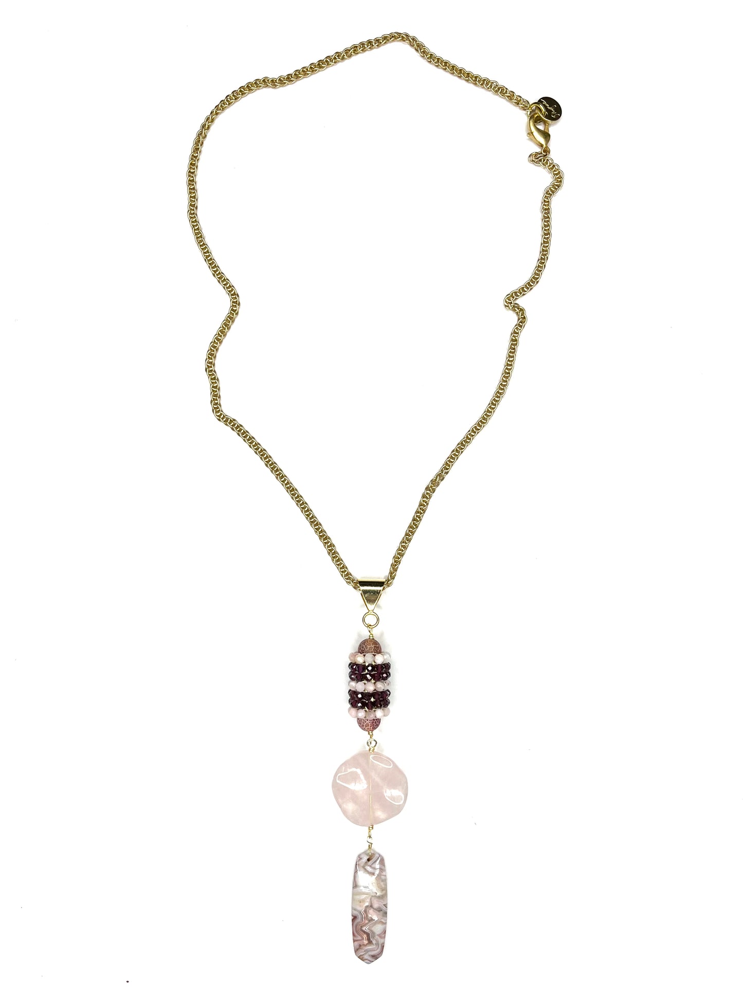 Y Shaped Chain and Stone Necklace- Rose Quartz-Garnet