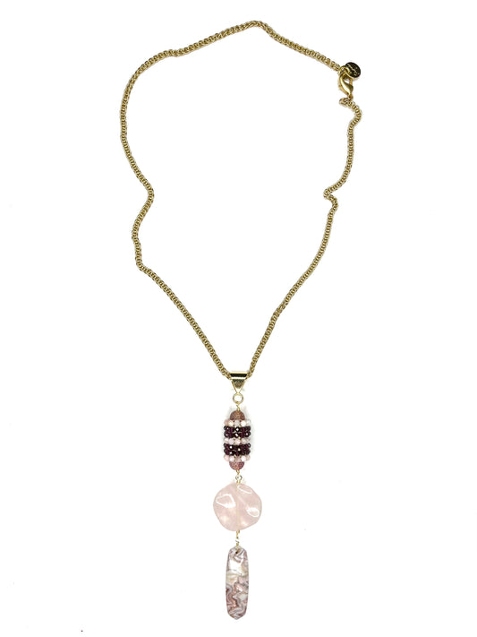 Y Shaped Chain and Stone Necklace- Rose Quartz-Garnet