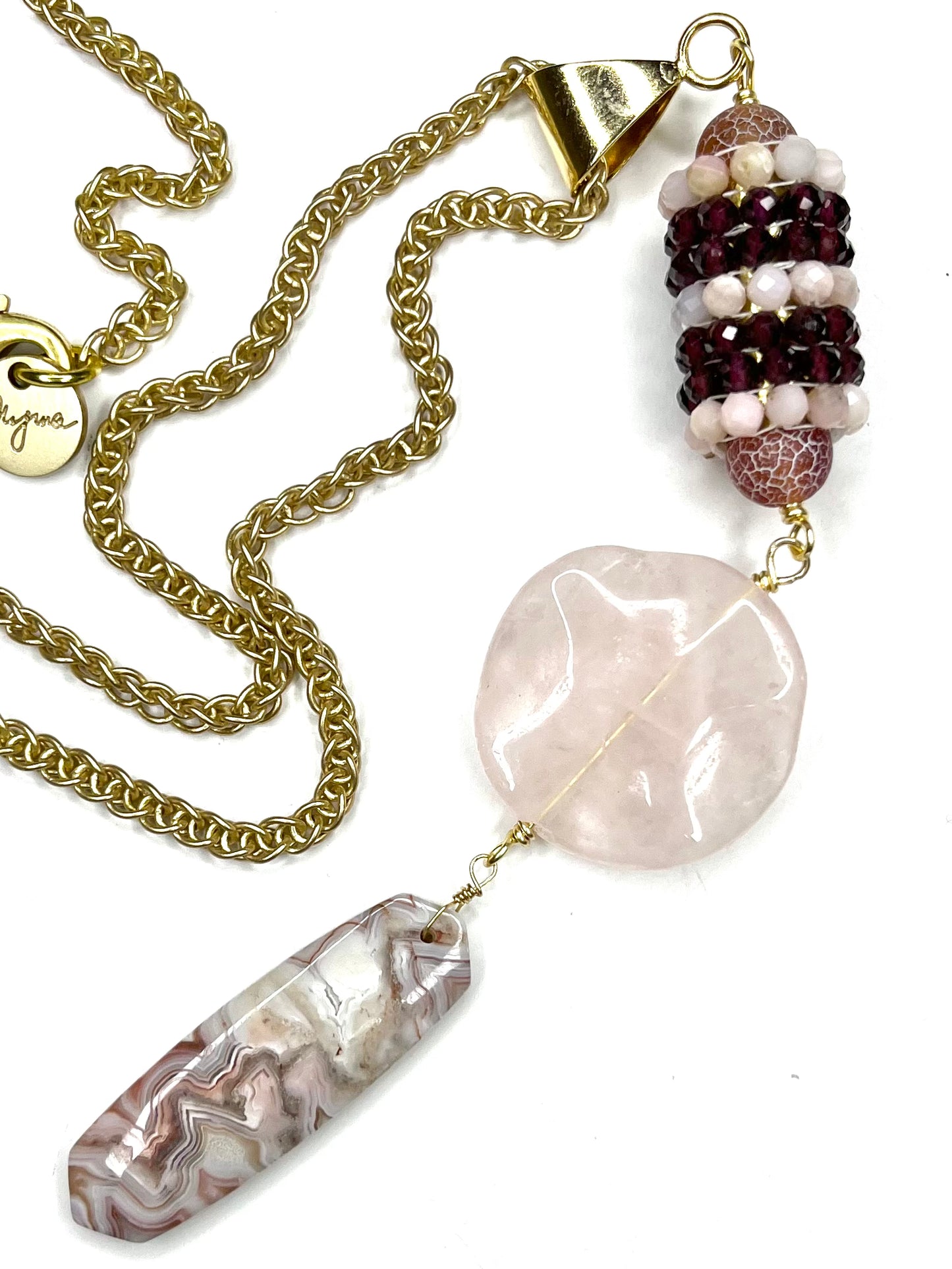 Y Shaped Chain and Stone Necklace- Rose Quartz-Garnet