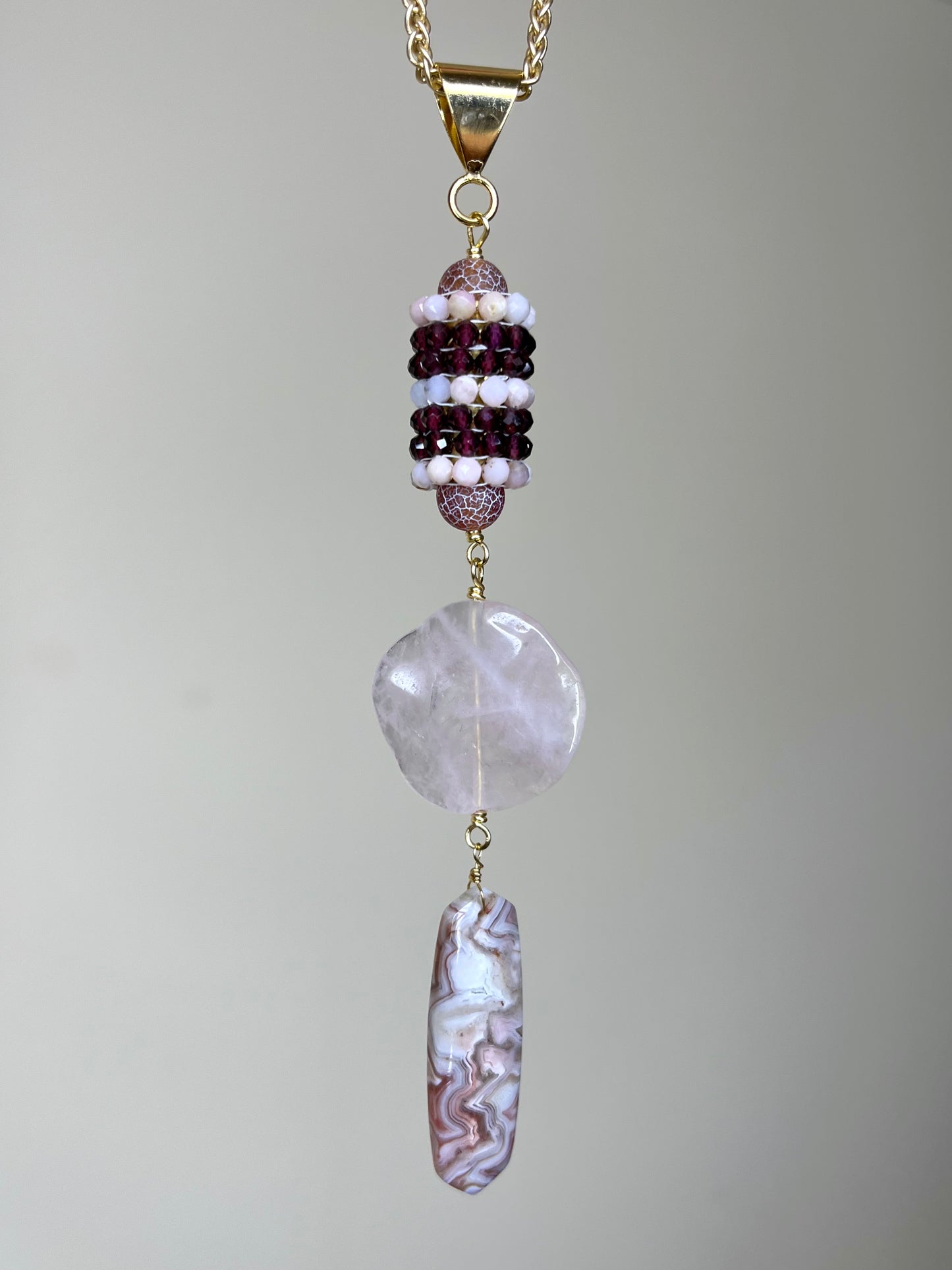 Y Shaped Chain and Stone Necklace- Rose Quartz-Garnet