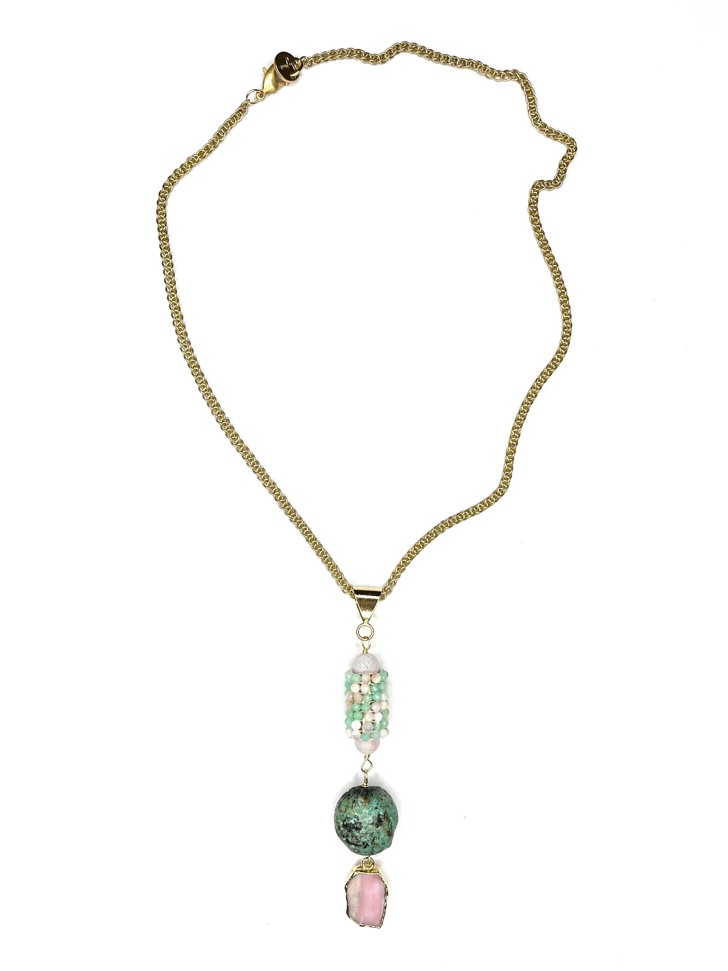 Y Shaped Chan and Gemstone Necklace-Pink and Green Opal FLUID, EXPRESSIVE, AND NATURALLY GROUNDING