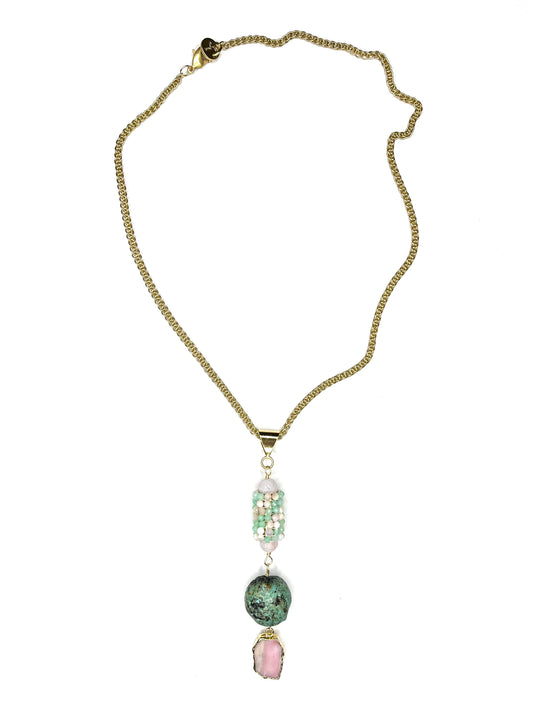 Y Shaped Chan and Gemstone Necklace-Pink and Green Opal FLUID, EXPRESSIVE, AND NATURALLY GROUNDING
