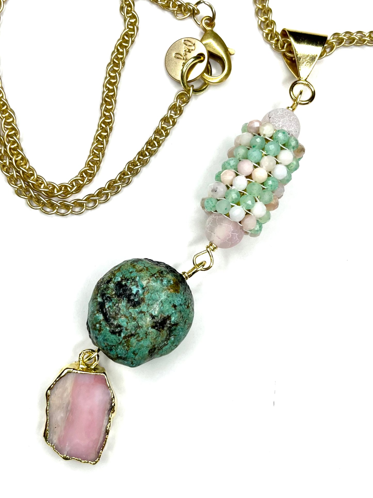 Y Shaped Chan and Gemstone Necklace-Pink and Green Opal FLUID, EXPRESSIVE, AND NATURALLY GROUNDING