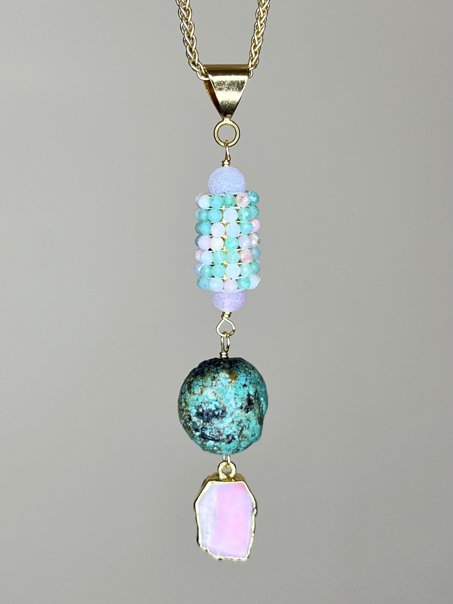 Y Shaped Chan and Gemstone Necklace-Pink and Green Opal FLUID, EXPRESSIVE, AND NATURALLY GROUNDING