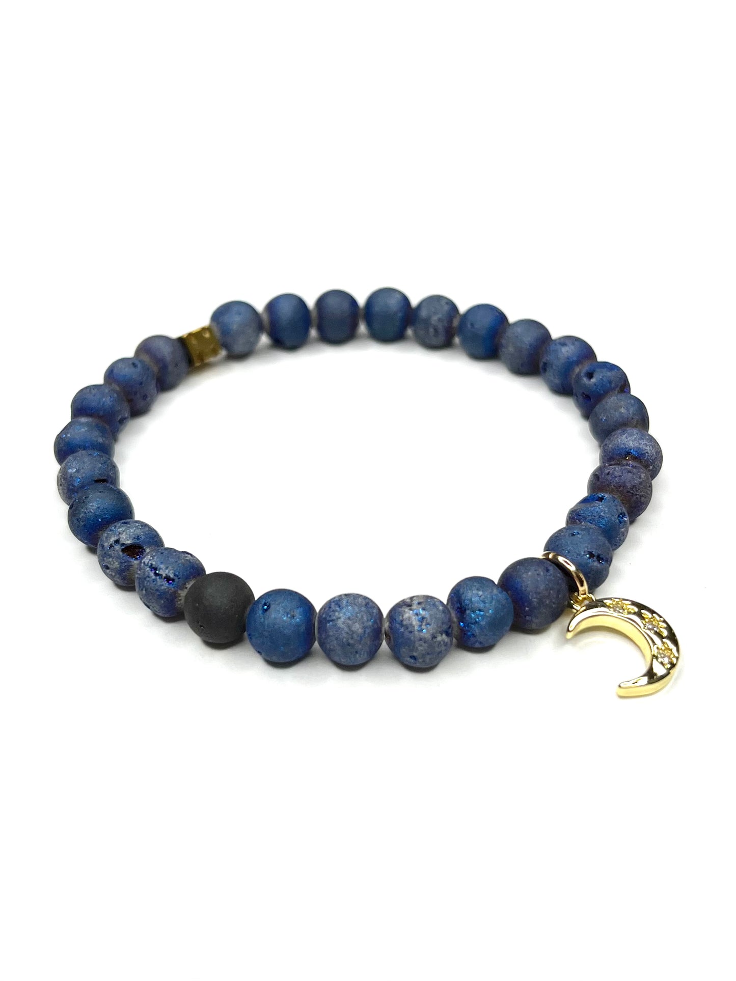 Navy Drusy Stretch Bracelet with Moon Charm