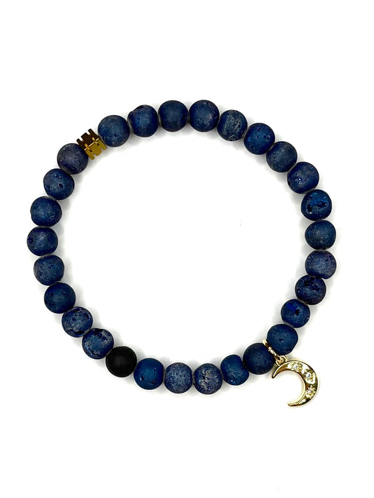 Navy Drusy Stretch Bracelet with Moon Charm